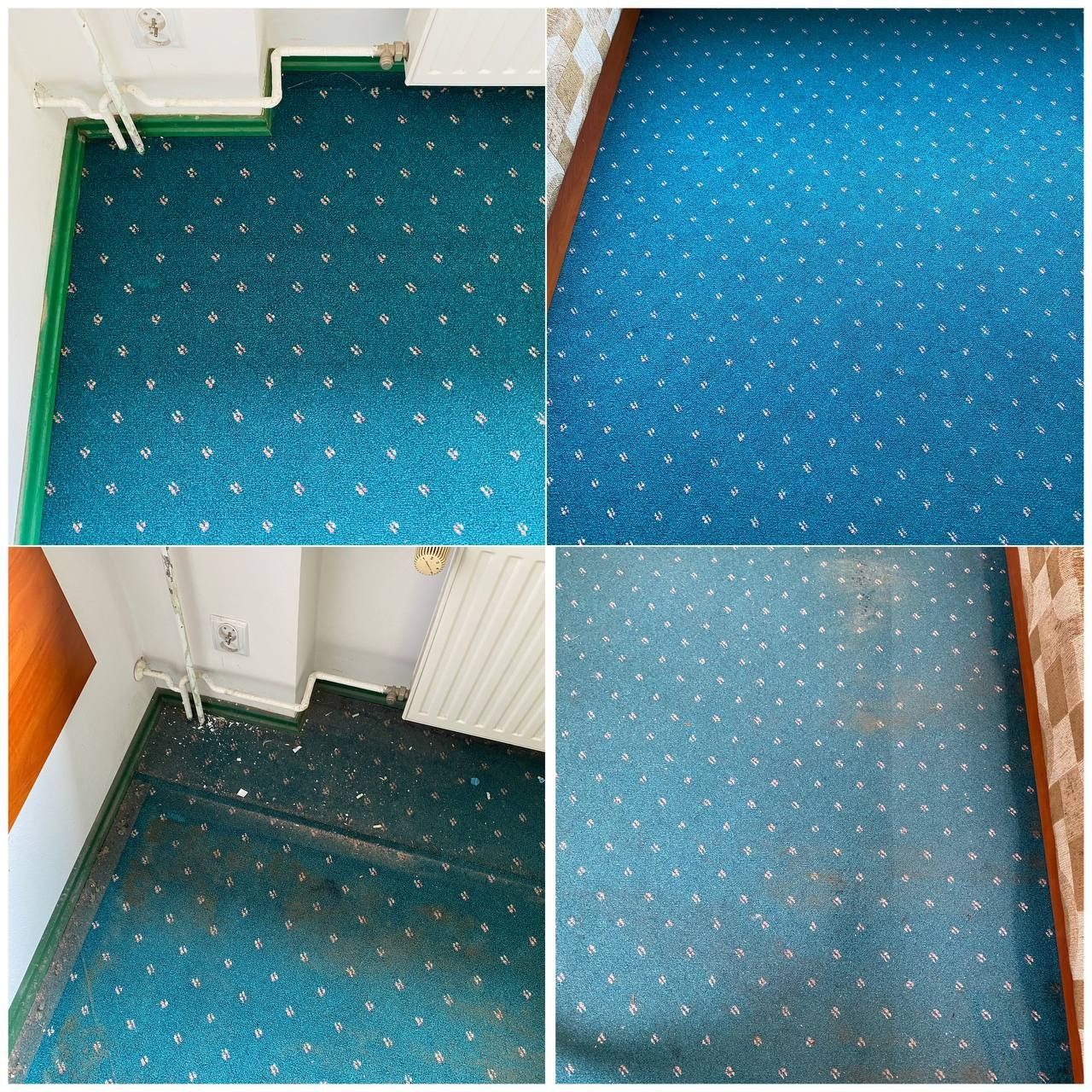 Kolaż: dywan w turkusowe wzory przed i po czyszczeniu. Widoczne różnice w kolorze i usunięcie zabrudzeń, szczególnie w rogu pokoju.