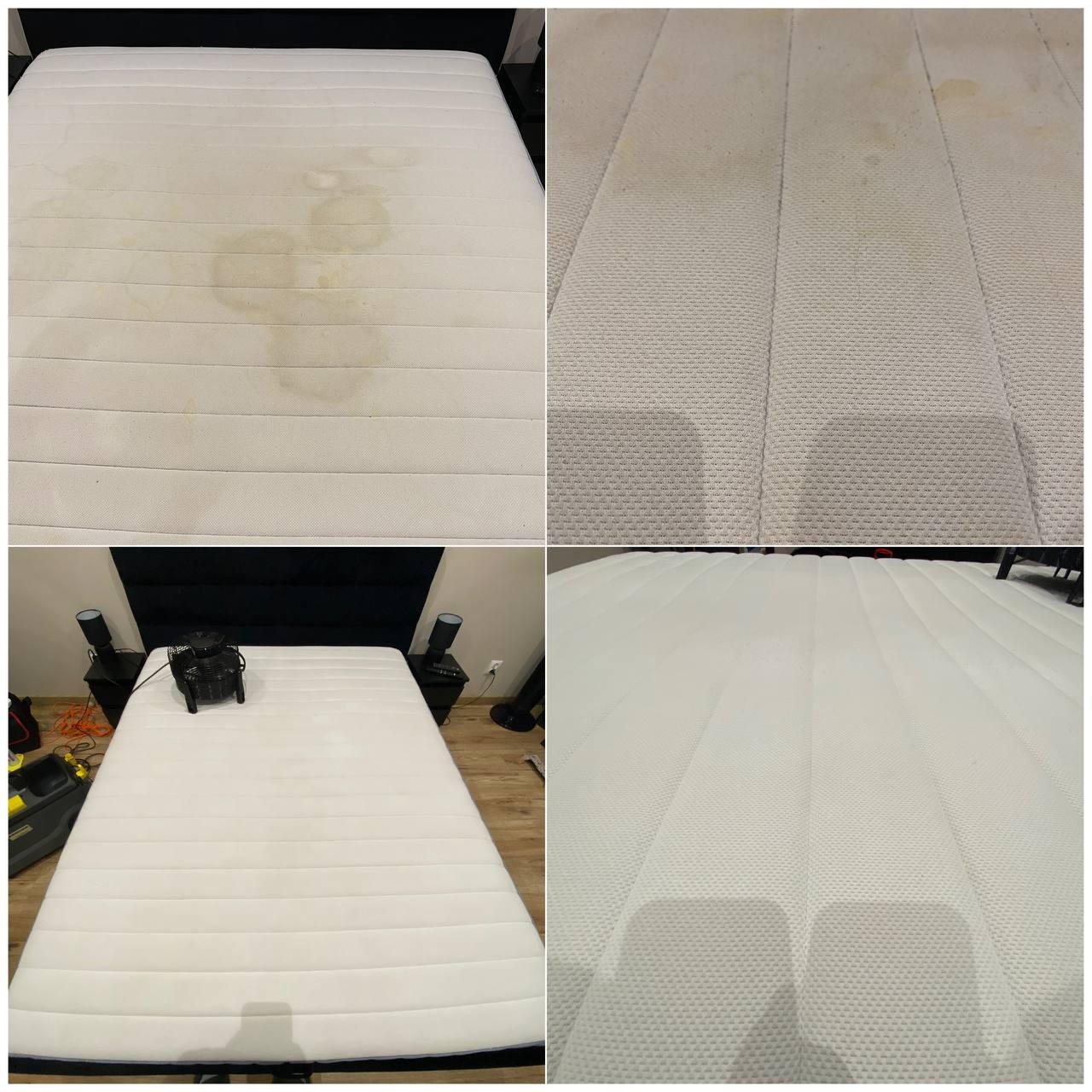 Kolaż: materac przed i po praniu. Widoczne plamy usunięte, czysta powierzchnia. Dolny lewy kadr ukazuje materac w sypialni z wentylatorem.