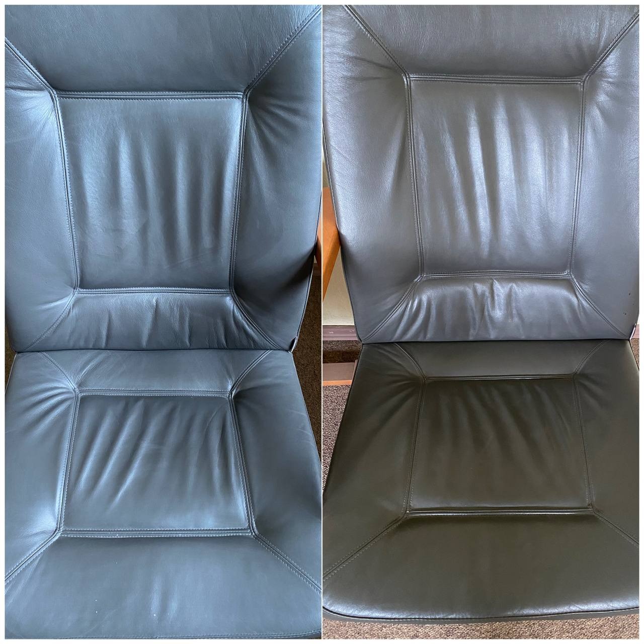 Fotel biurowy z szarej skóry: po lewej stronie widoczny stan przed czyszczeniem, po prawej - efekt po profesjonalnym odświeżeniu tapicerki.