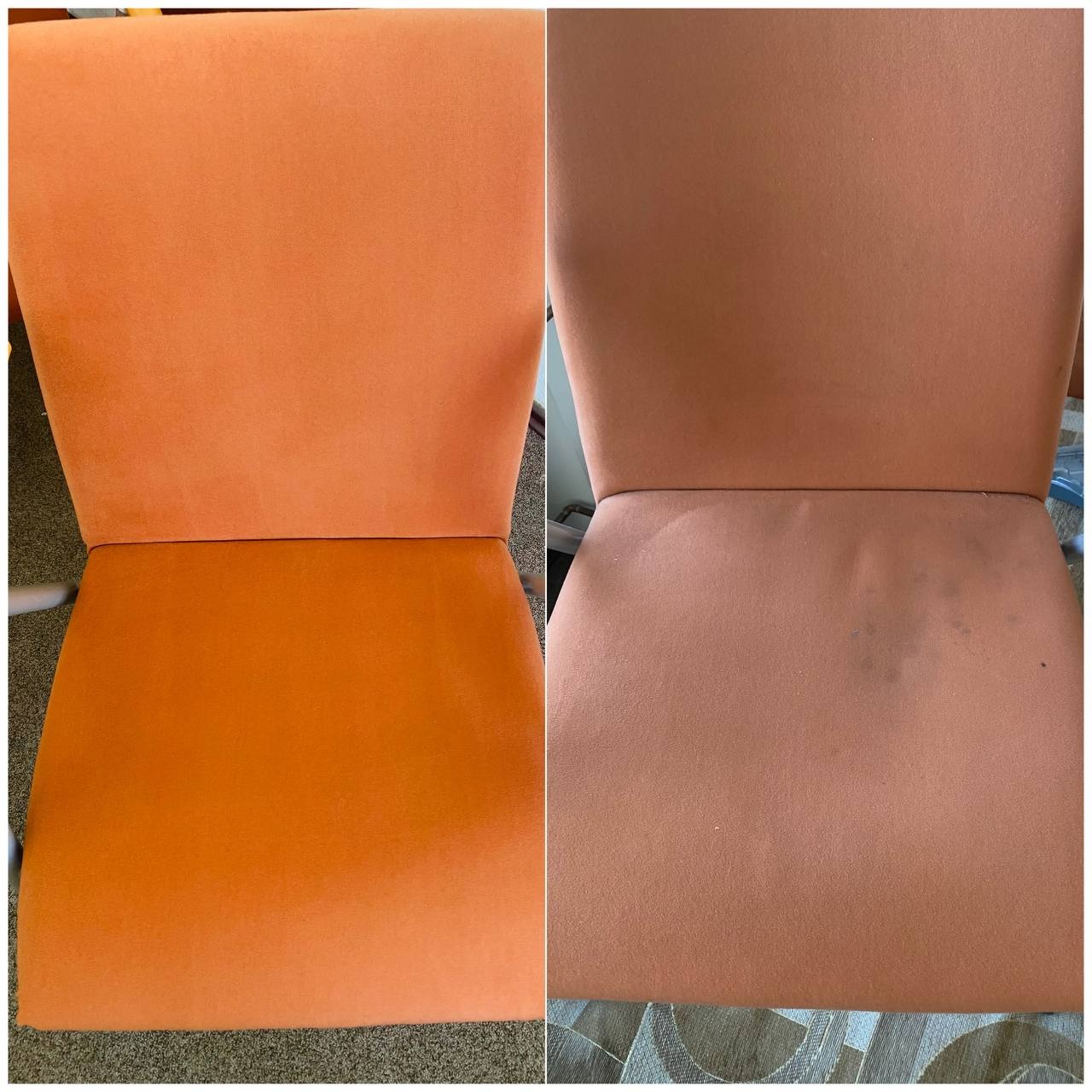 Krzesło tapicerowane w odcieniach pomarańczy, w układzie 'przed i po' czyszczeniu. Po lewej stronie czyste, po prawej z widocznymi plamami i zabrudzeniami.