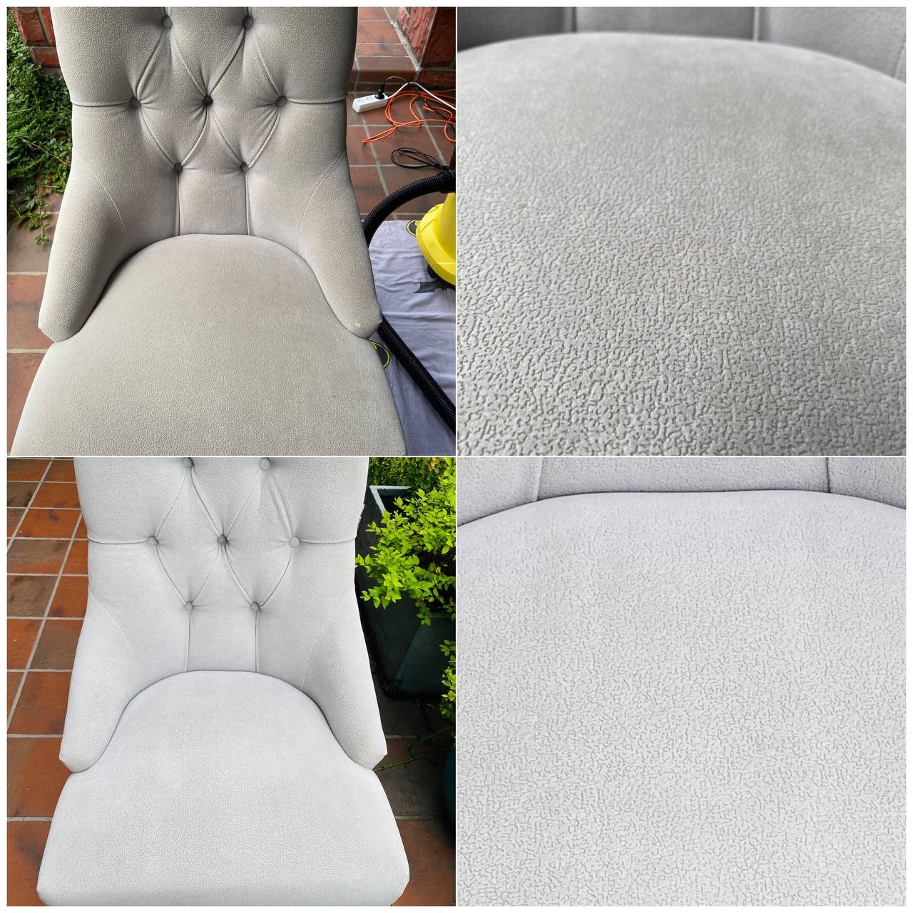 Tapicerowane krzesło w odcieniach szarości, w układzie przed i po czyszczeniu. Widoczne detale faktury materiału i różnica w czystości. Żółty odkurzacz w tle.