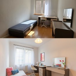 Zuzanna Postawa Home Staging - Porównanie pokoju: surowy pokój z łóżkiem i biurkiem vs. przytulna aranżacja z dekoracjami, tekstyliami i dywanem. Stylizacja wnętrza na wynajem.