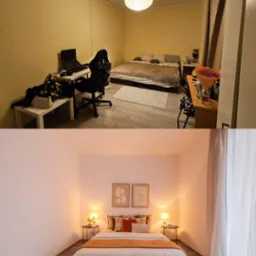 Zdjęcie 'przed i po' sypialni: zagracone wnętrze z biurkiem i uporządkowana przestrzeń z minimalistycznym wystrojem, łóżko z dekoracyjnymi poduszkami i lampkami nocnymi.