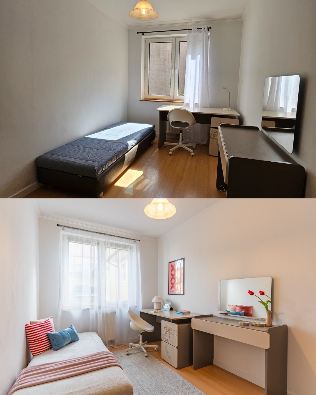 Porównanie pokoju: surowy pokój z łóżkiem i biurkiem vs. przytulna aranżacja z dekoracjami, tekstyliami i dywanem. Stylizacja wnętrza na wynajem.