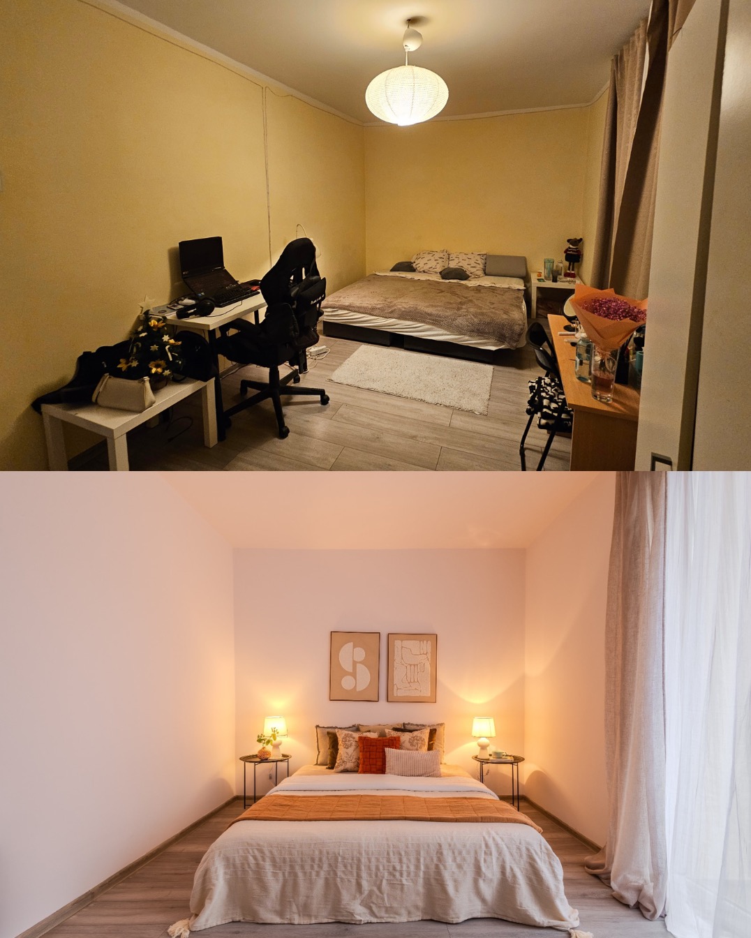 Zdjęcie 'przed i po' sypialni: zagracone wnętrze z biurkiem i uporządkowana przestrzeń z minimalistycznym wystrojem, łóżko z dekoracyjnymi poduszkami i lampkami nocnymi.