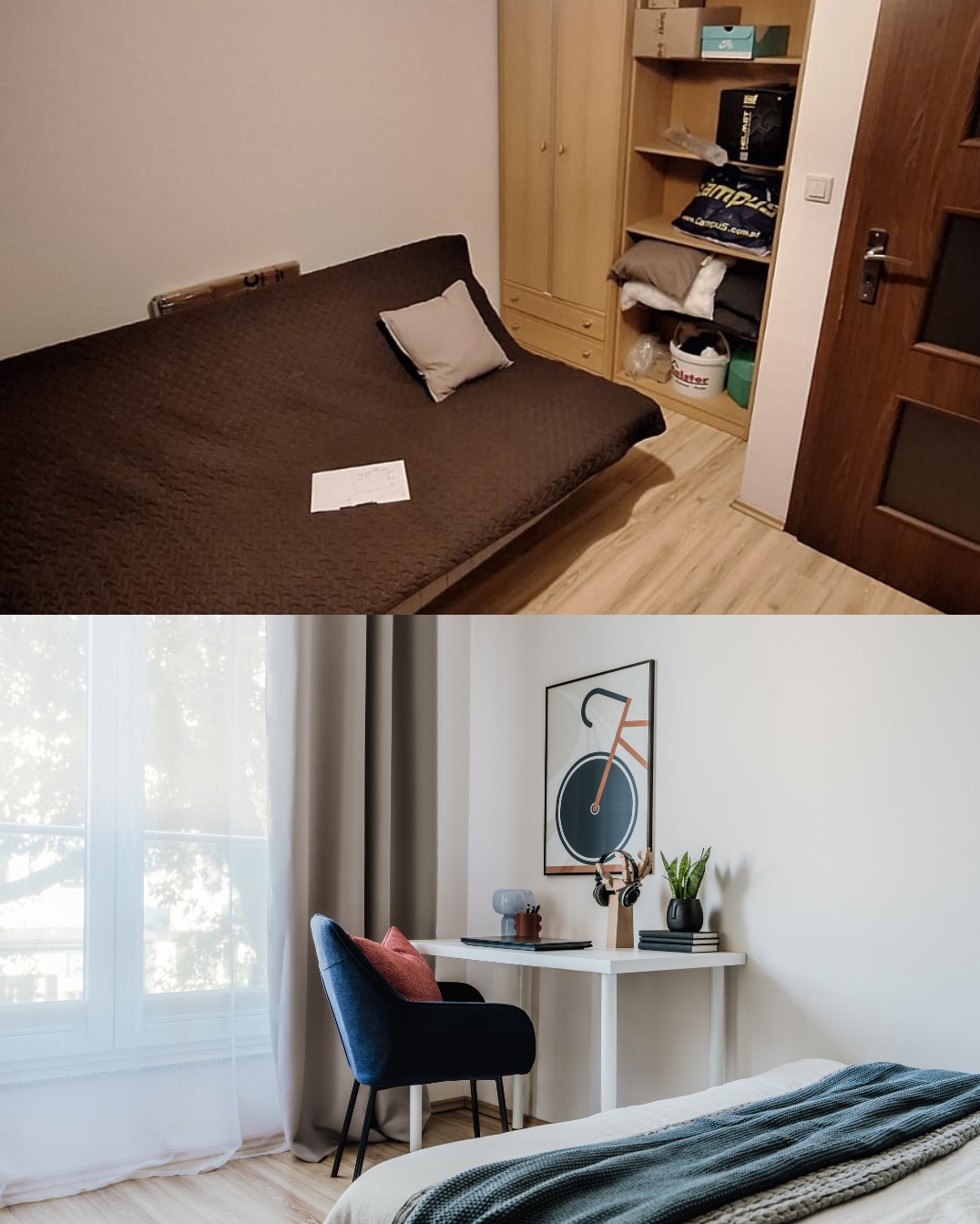 Metamorfoza pokoju: zdjęcie 'przed' z brązową kanapą i 'po' z biurkiem, krzesłem i plakatem roweru, ukazujące efekt home stagingu.