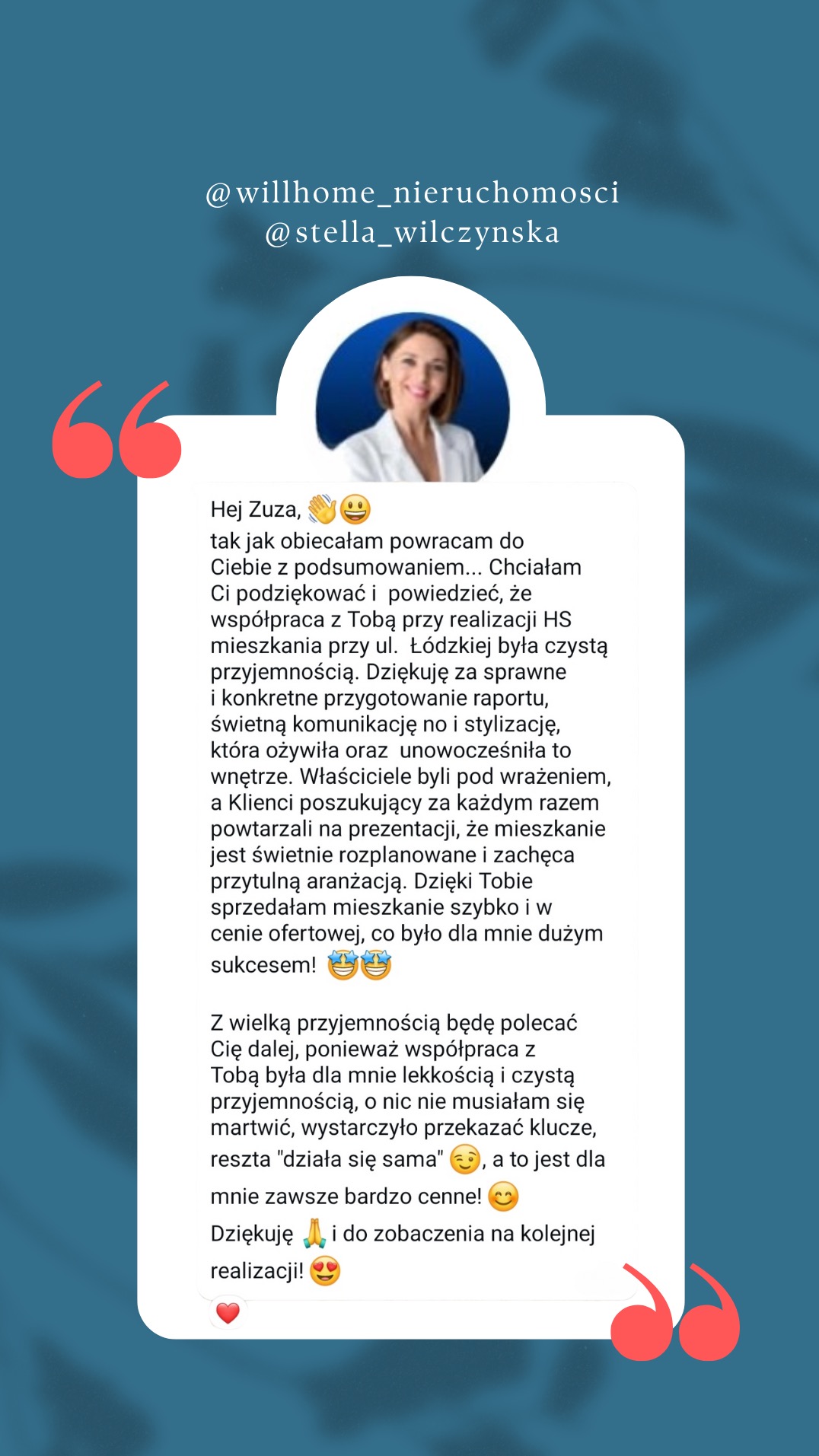 Referencja z Wrocławia dla home stagingu. Zadowolona klientka dziękuje za sprawną komunikację, stylizację wnętrza i szybką sprzedaż mieszkania.
