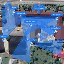 Wizualizacja obszaru objętego polem widzenia kamery uwzględniając wysokość montażu, kąty oraz ogniskową.