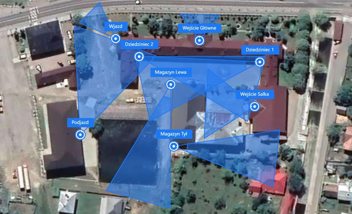 Wizualizacja obszaru objętego polem widzenia kamery uwzględniając wysokość montażu, kąty oraz ogniskową.