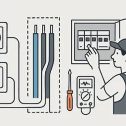 Ilustracja: Elektryk sprawdza instalację elektryczną, w tle gniazdka, przewody i miernik. Schematyczne ujęcie, skupienie na elementach instalacji i narzędziach.