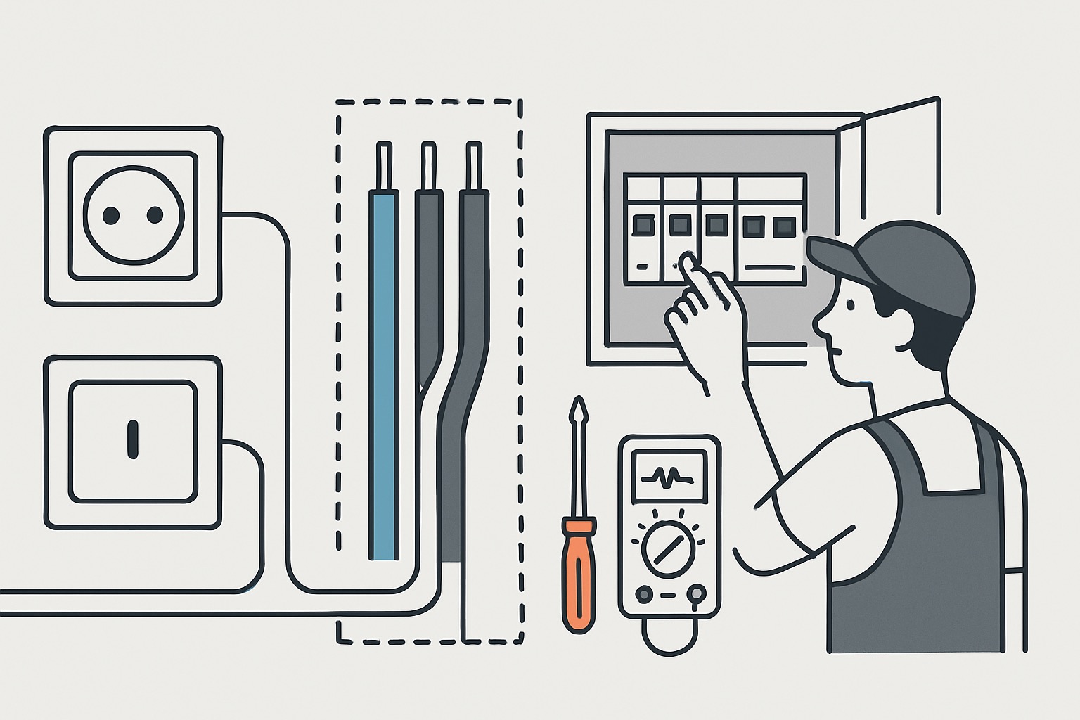 Ilustracja: Elektryk sprawdza instalację elektryczną, w tle gniazdka, przewody i miernik. Schematyczne ujęcie, skupienie na elementach instalacji i narzędziach.
