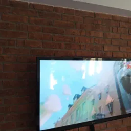 Ściana z cegły dekoracyjnej za telewizorem, widoczny fragment sufitu i listwa przypodłogowa. Styl rustykalny z nowoczesnym akcentem w postaci płaskiego ekranu.