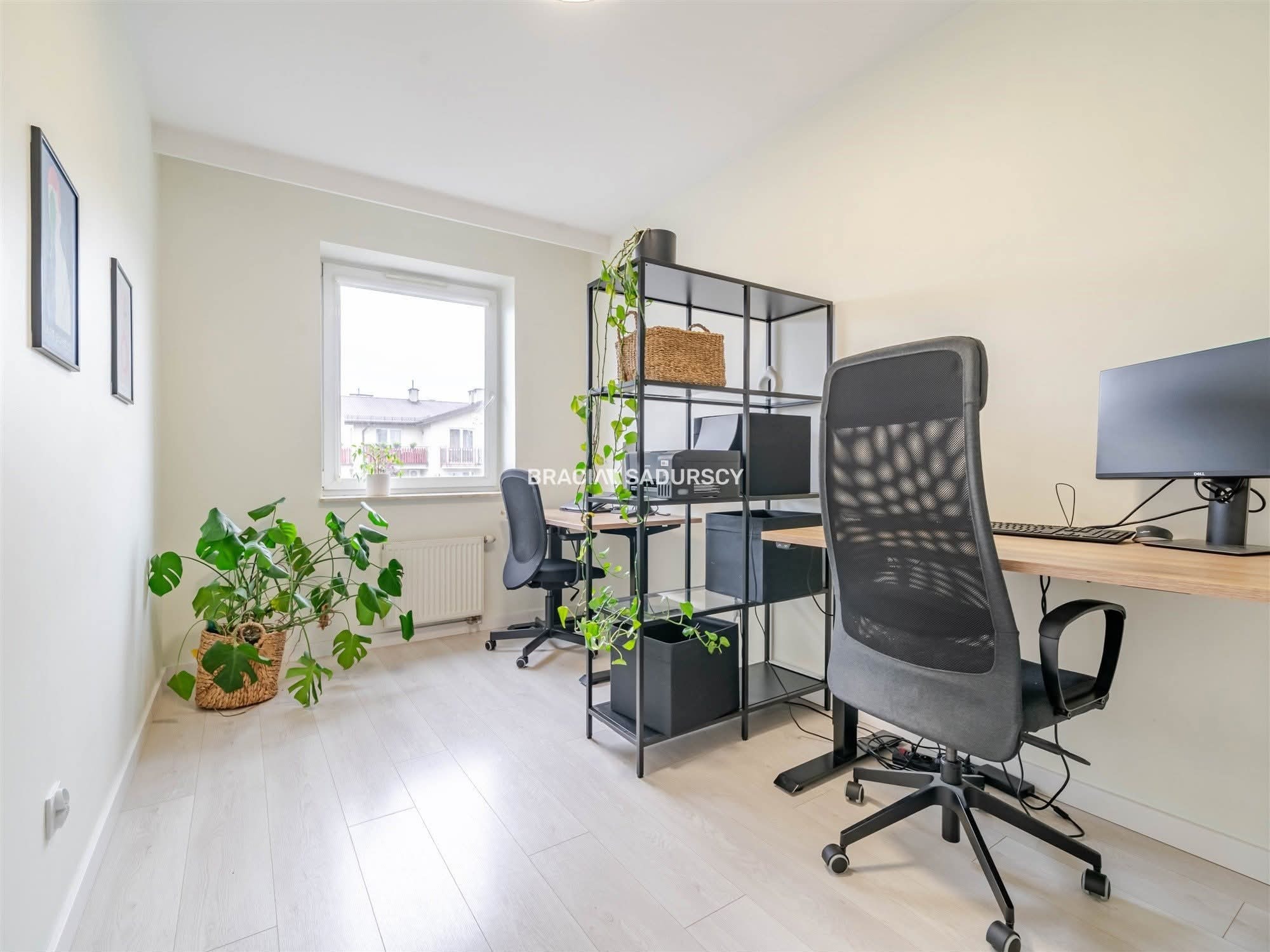 Jasne biuro po remoncie: dwa biurka z krzesłami, regał, rośliny doniczkowe, okno z widokiem na budynek. Ściany w odcieniach bieli, podłoga z paneli.