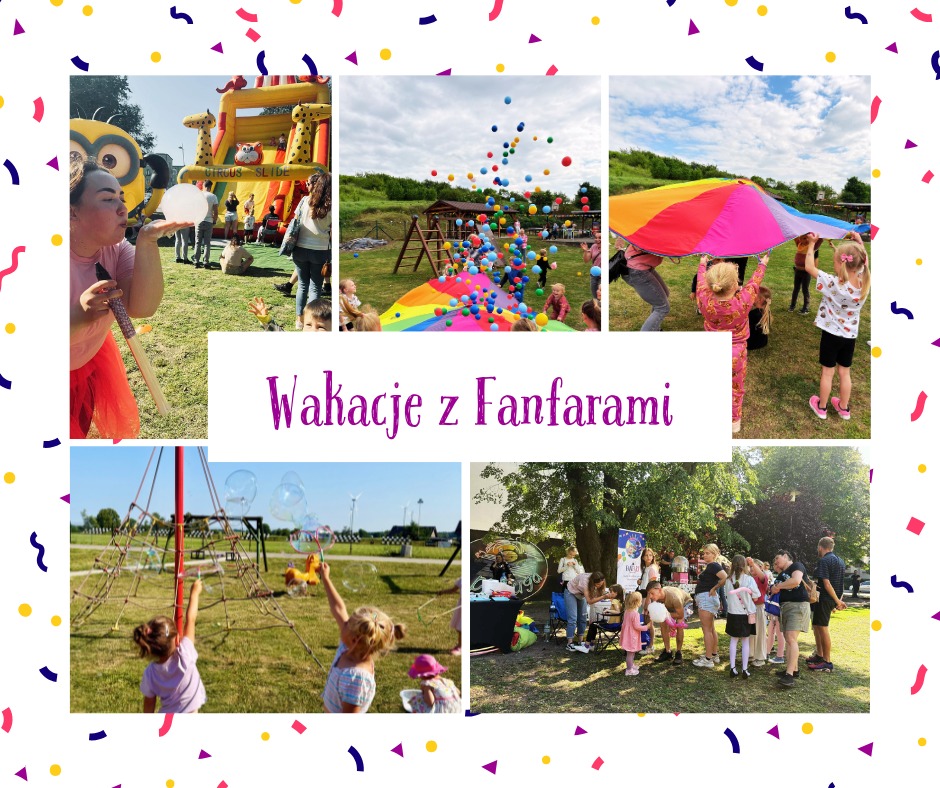 Kolaż zdjęć z imprezy plenerowej: dmuchany zamek, zabawy z chustą animacyjną, puszczanie baniek mydlanych, malowanie twarzy. Wakacje z Fanfarami.
