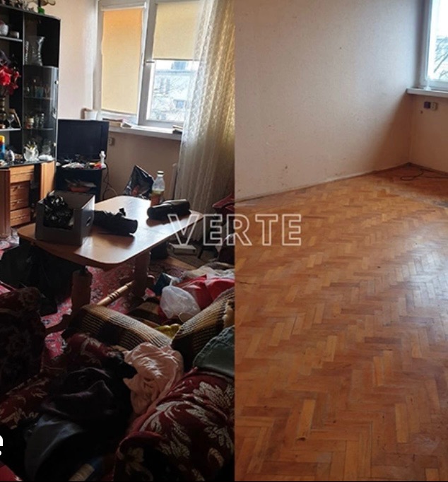 Opróżnianie mieszkania: widok pokoju przed i po sprzątaniu. Po lewej zagracony pokój, po prawej czysty pokój z parkietem i oknem.