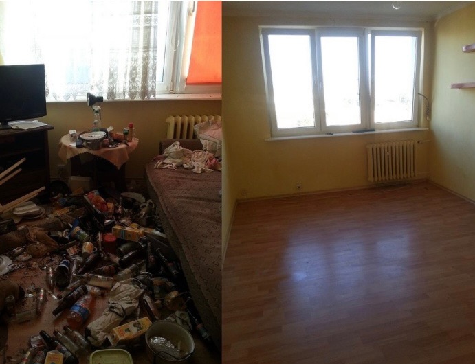 Zdjęcie 'przed i po' sprzątania mieszkania: po lewej zagracony pokój z butelkami i śmieciami, po prawej czysty, pusty pokój z parkietem i oknem.