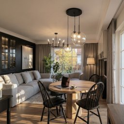 NOVAHATA PROJEKTOWANIE WNĘTRZ Grzegorz Woźniak - Jasne wnętrze z okrągłym stołem, laptopem i filiżanką kawy. W tle sofa, okno z widokiem na drzewa i nowoczesne lampy wiszące. Stonowana kolorystyka, naturalne światło.