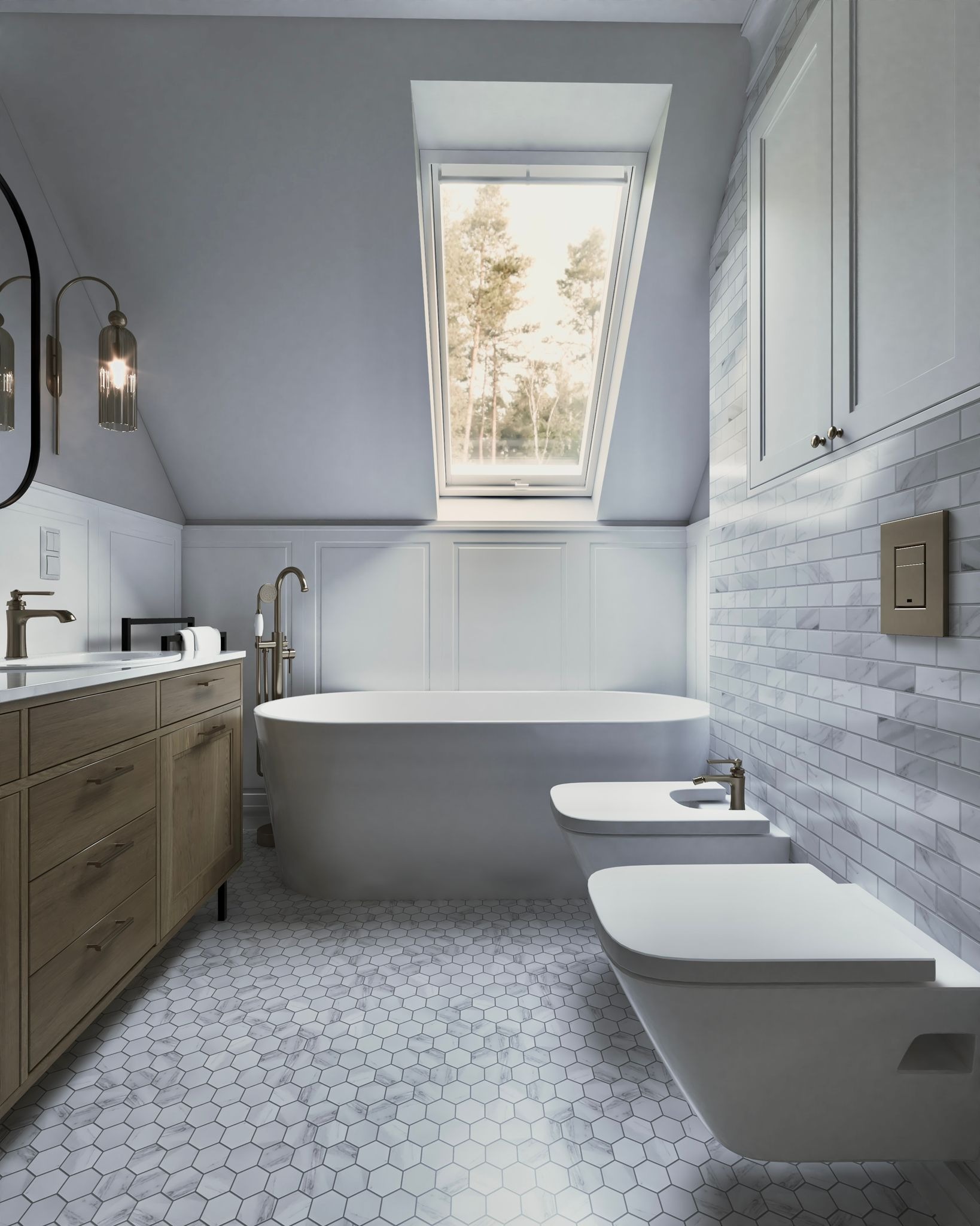 Nowoczesna łazienka na poddaszu z oknem dachowym, białą wanną wolnostojącą, bidetem, umywalką z drewnianą szafką i marmurową mozaiką na podłodze. Jasne, stonowane kolory.