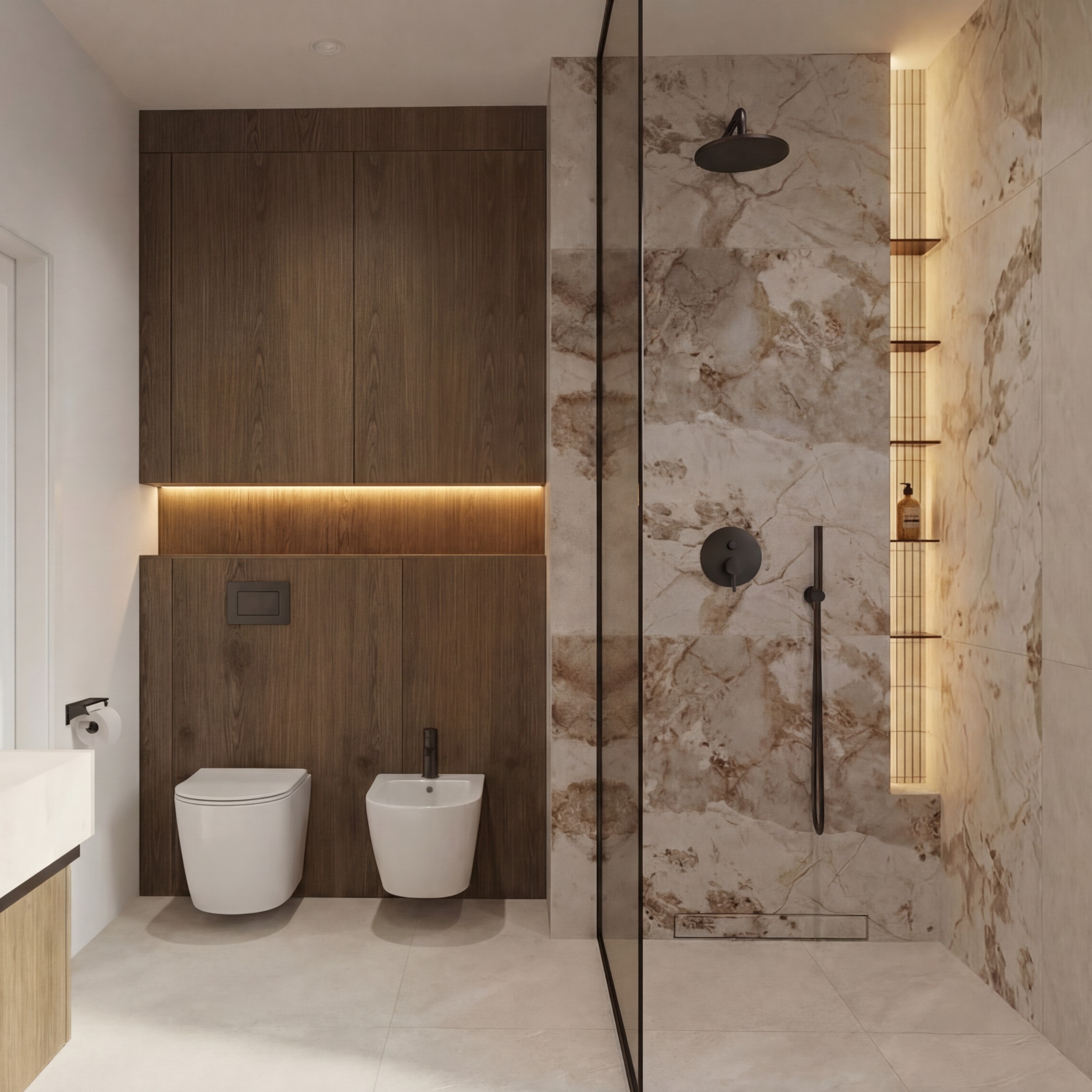 Nowoczesna łazienka z marmurowymi płytkami, kabiną prysznicową typu walk-in, podświetlanymi półkami i drewnianą zabudową z toaletą i bidetem. Minimalistyczny design.