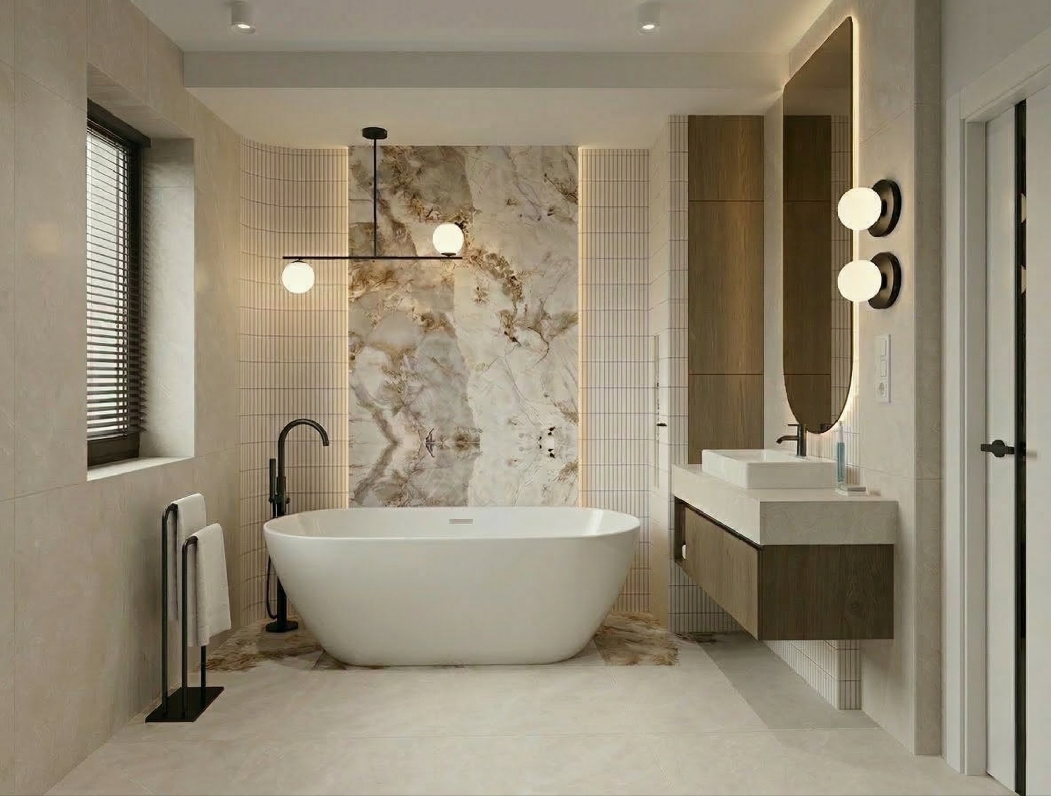 Nowoczesna łazienka z wolnostojącą wanną, marmurową ścianą i minimalistyczną armaturą. Uwagę zwraca podświetlane lustro i designerska lampa nad wanną.