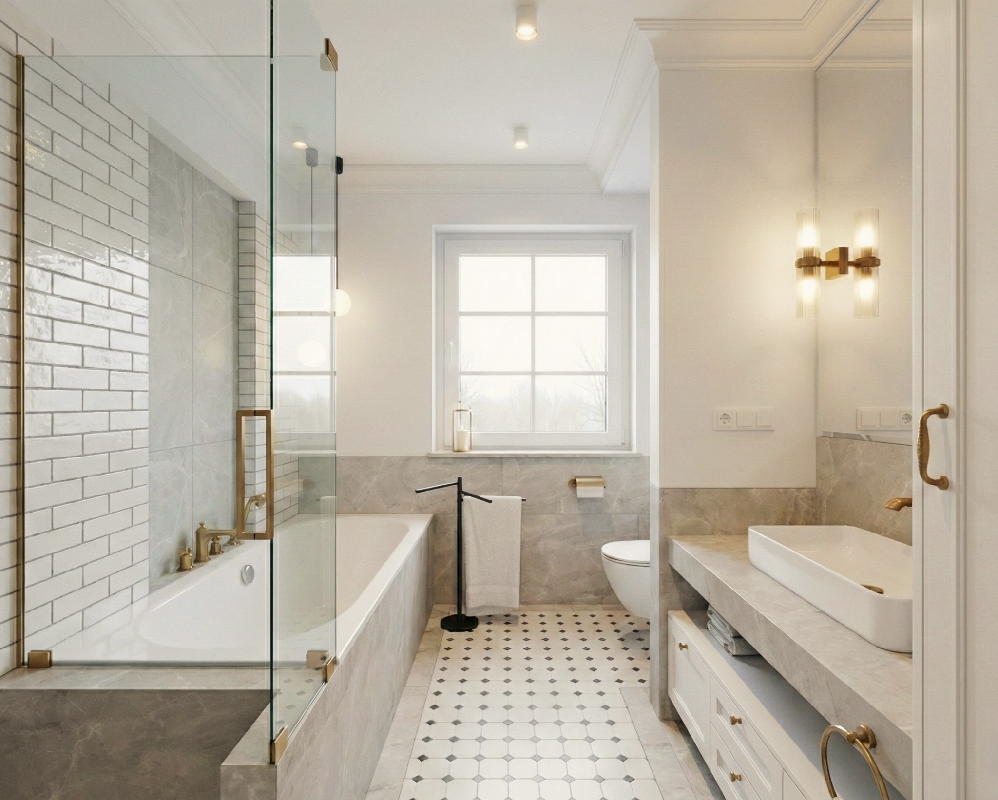 Jasna łazienka w stylu klasycznym: białe płytki, marmurowe akcenty, złote detale. Kabina prysznicowa ze złotymi okuciami, okno z widokiem na zewnątrz, eleganckie oświetlenie.