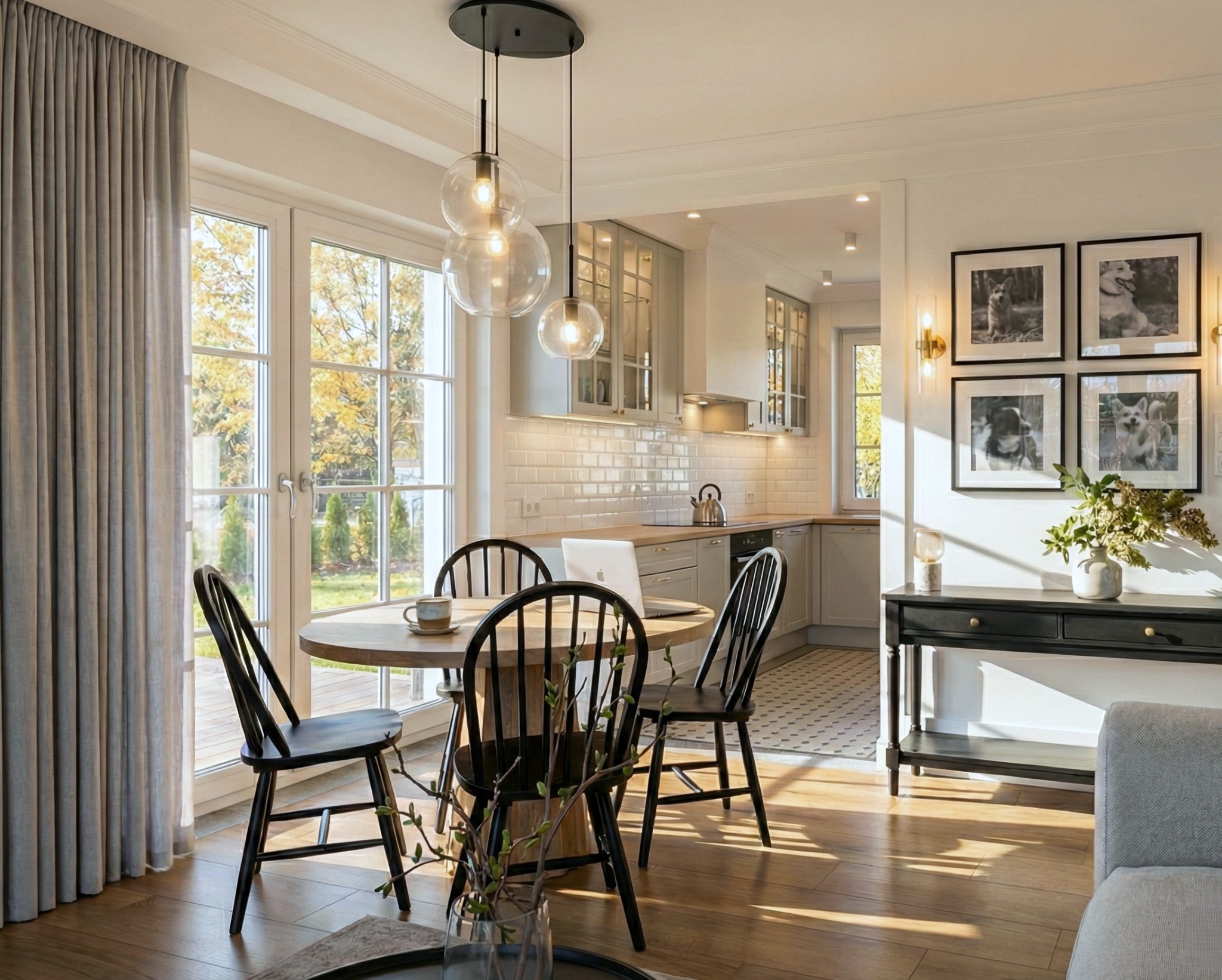 Jasna kuchnia z jadalnią w stylu skandynawskim: okrągły stół z czarnymi krzesłami, przeszklona witryna, subtelne oświetlenie i dekoracje z motywem zwierzęcym.