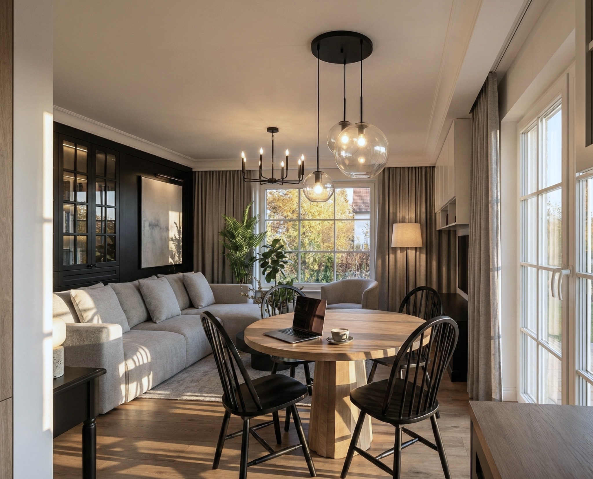 Jasne wnętrze z okrągłym stołem, laptopem i filiżanką kawy. W tle sofa, okno z widokiem na drzewa i nowoczesne lampy wiszące. Stonowana kolorystyka, naturalne światło.