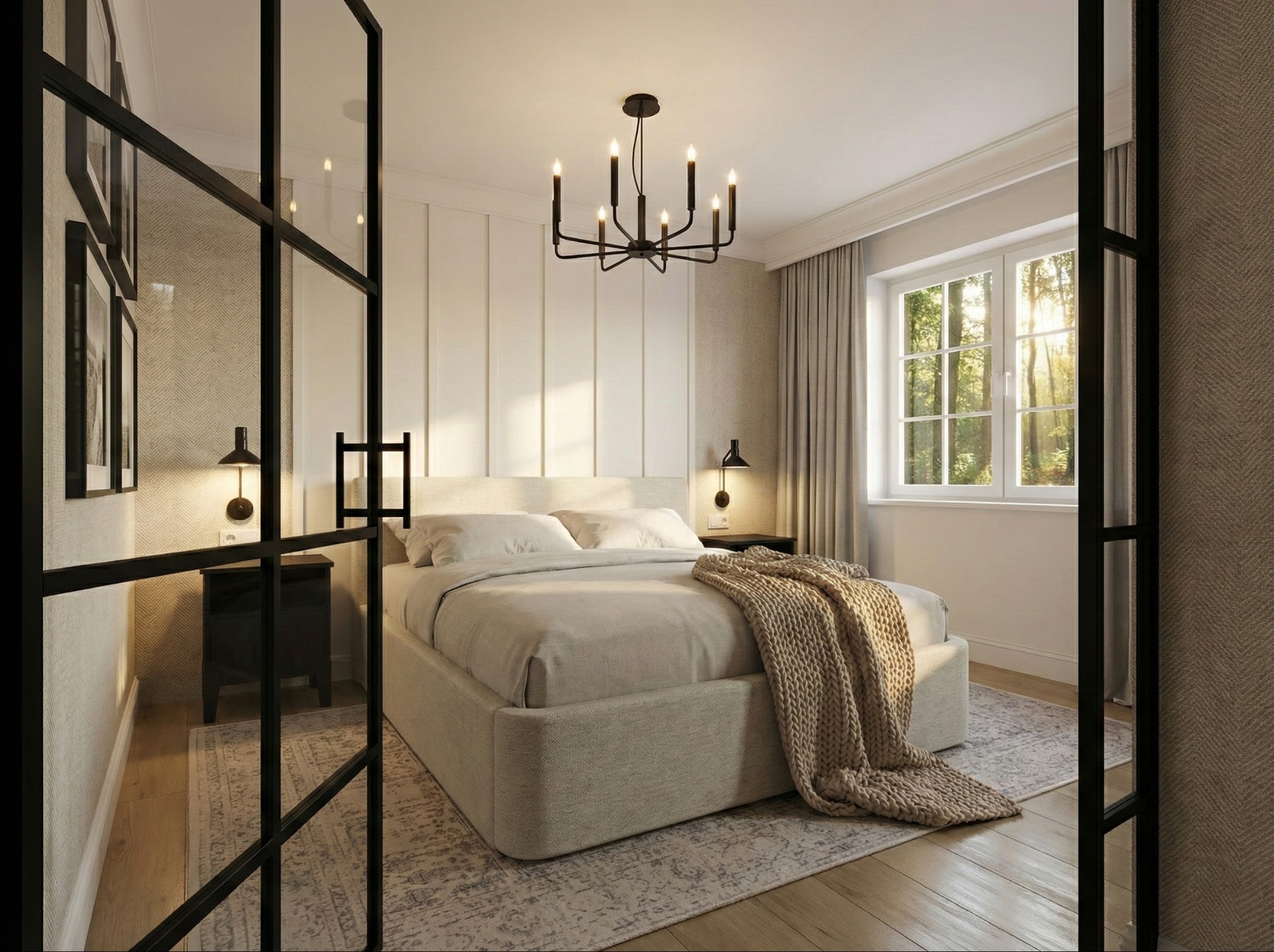 Elegancka sypialnia z łóżkiem w beżowej tapicerce, czarnym żyrandolem i ścianą w pionowe panele. Widok przez szklane drzwi z czarnymi szprosami.