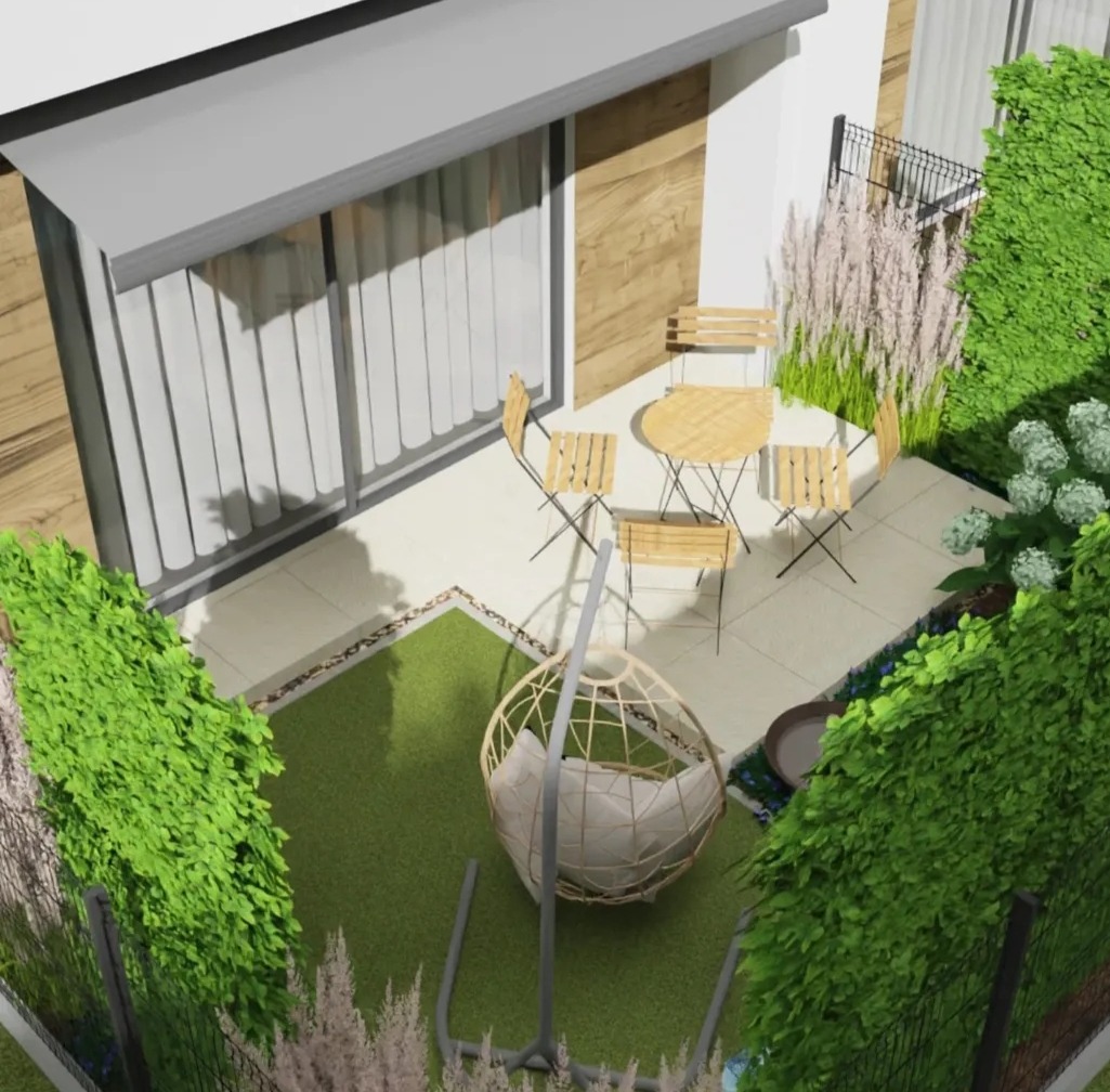 Projekt tarasu z meblami ogrodowymi i huśtawką w otoczeniu zieleni. Widok z góry prezentuje harmonijną aranżację przestrzeni relaksu na świeżym powietrzu.