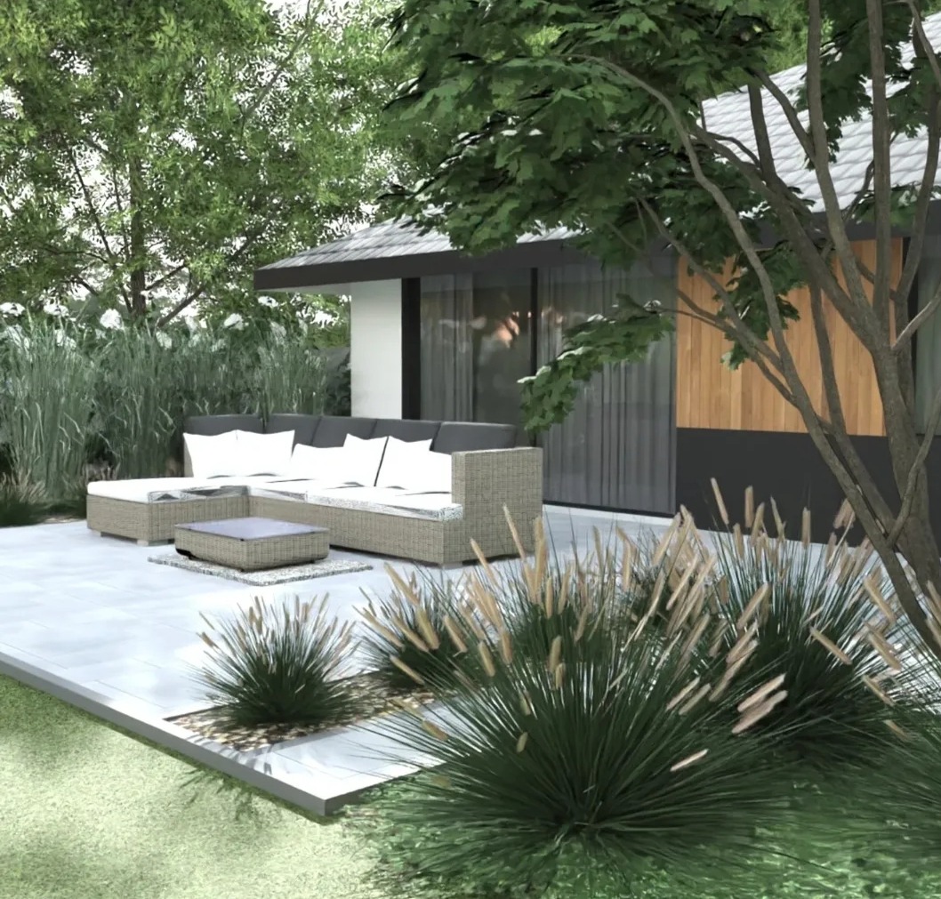 Nowoczesny taras z rattanowym narożnikiem, stolikiem kawowym i ozdobnymi trawami, idealny do relaksu w ogrodzie. Minimalistyczny design.