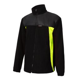 Kravietz Dawid Bednarek - Czarna bluza polarowa robocza z żółtym pasem po boku, zapinana na zamek, z logo producenta na piersi, na białym tle. Widok z przodu, oświetlenie studyjne.