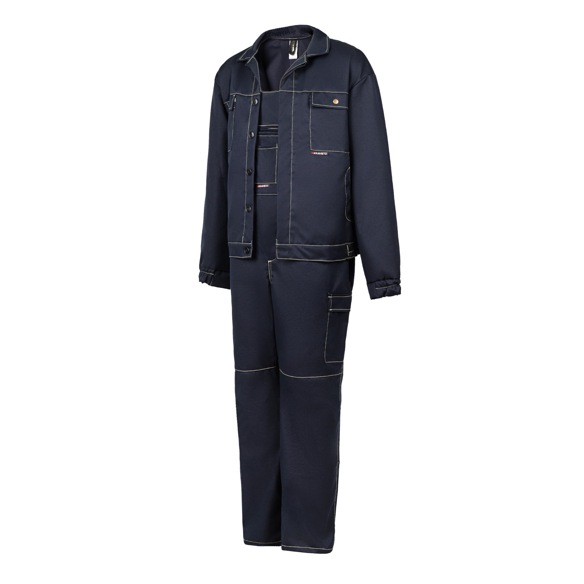 Komplet roboczy: granatowa kurtka i spodnie ogrodniczki z żółtymi przeszyciami, widoczne logo 'Kravietz', na białym tle, odzież spawalnicza.