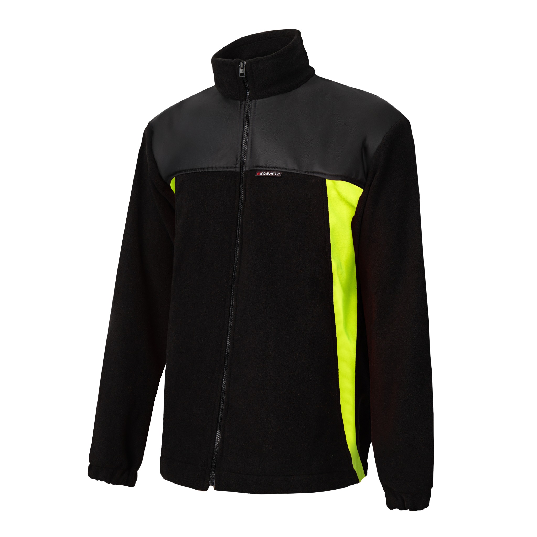 Czarna bluza polarowa robocza z żółtym pasem po boku, zapinana na zamek, z logo producenta na piersi, na białym tle. Widok z przodu, oświetlenie studyjne.