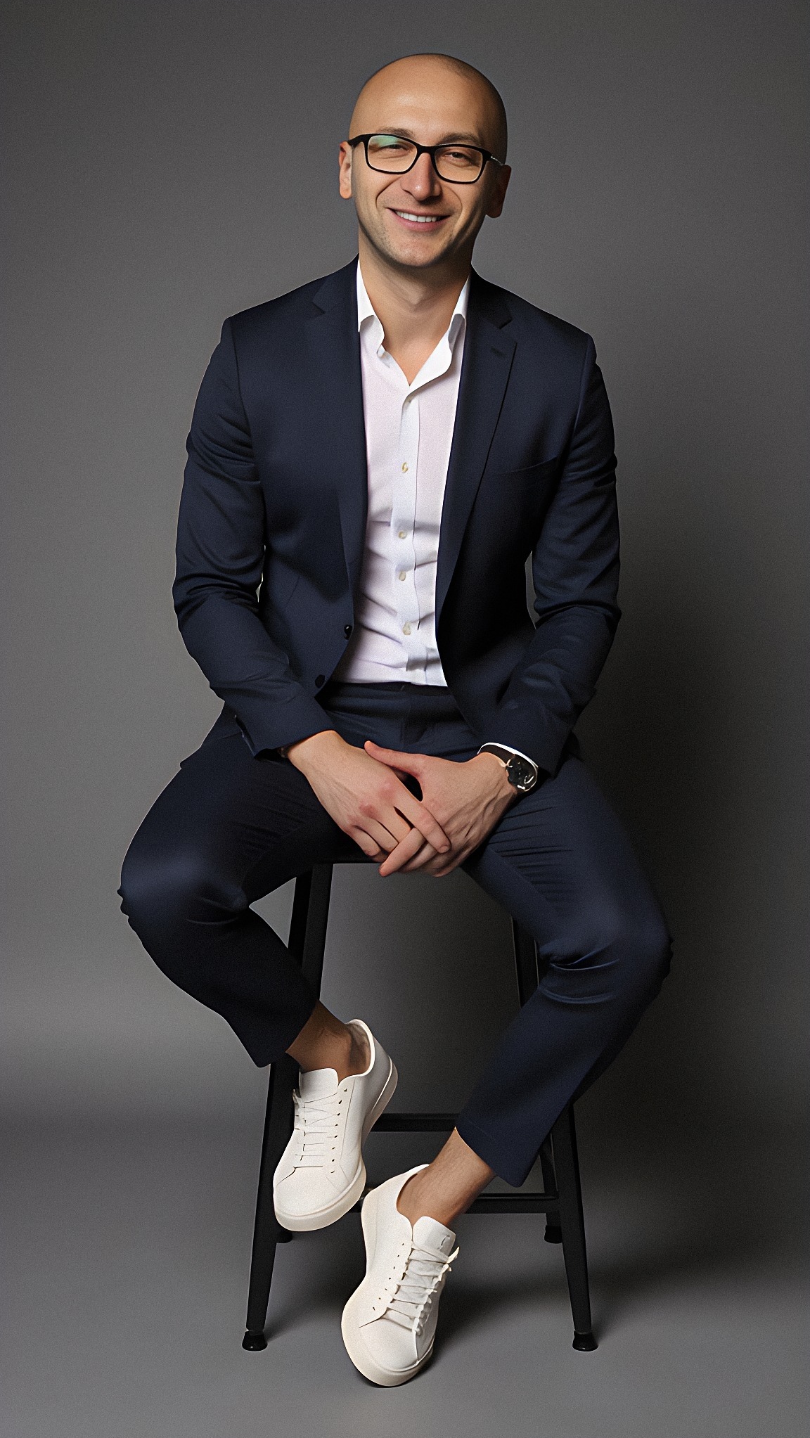 Portret uśmiechniętego mężczyzny w garniturze, siedzącego na krześle na szarym tle. Widoczne białe sneakersy i zegarek na ręce. Profesjonalny wizerunek.