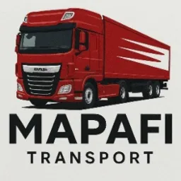 Czerwona ciężarówka DAF z naczepą, z logo firmy MAPAFI TRANSPORT, widoczna z boku na białym tle. Grafika wektorowa.