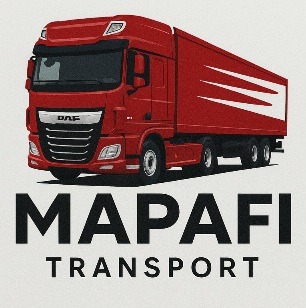 Czerwona ciężarówka DAF z naczepą, z logo firmy MAPAFI TRANSPORT, widoczna z boku na białym tle. Grafika wektorowa.