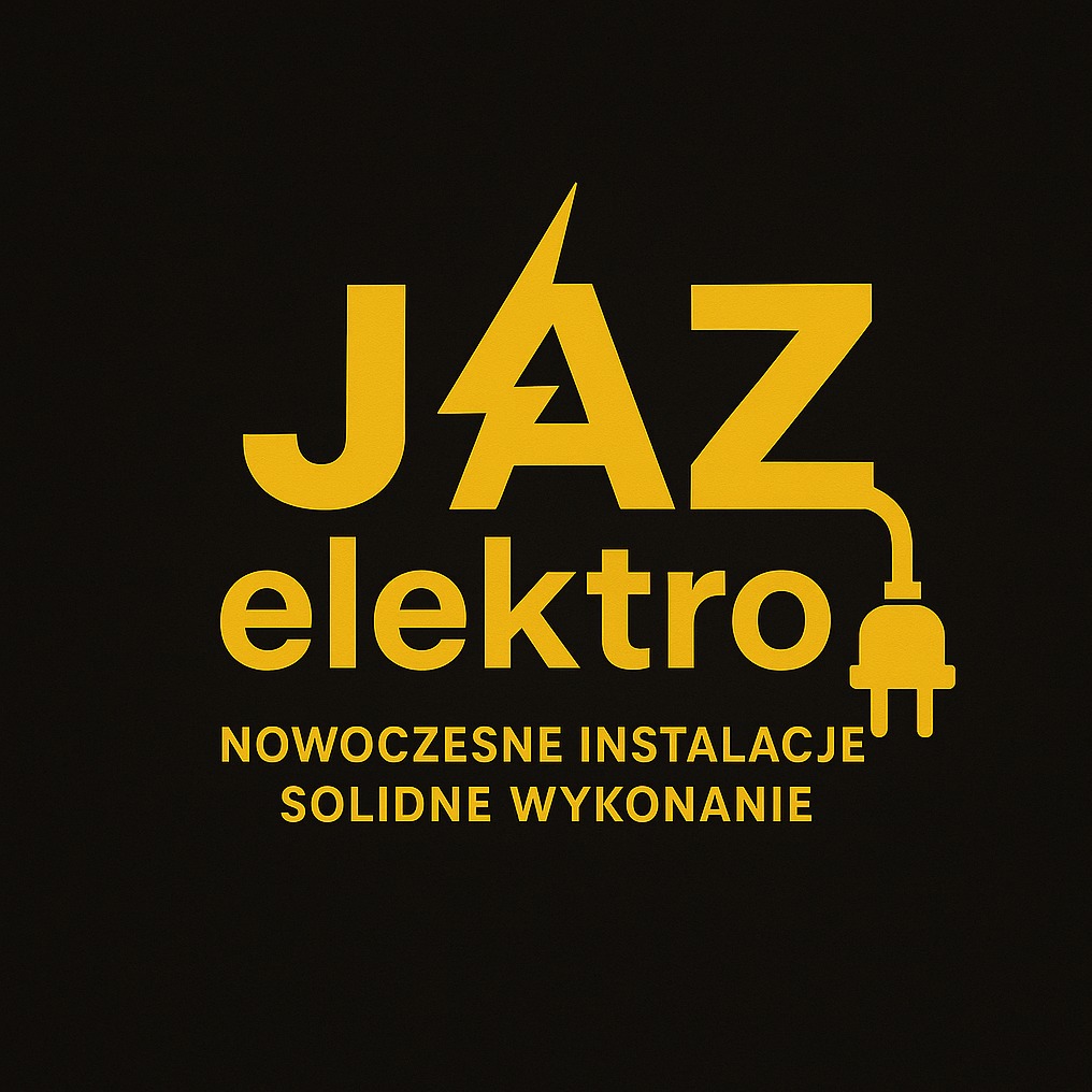 Żółte logo 'JAZ elektro' na czarnym tle z symbolem wtyczki. Napis: Nowoczesne instalacje, solidne wykonanie.