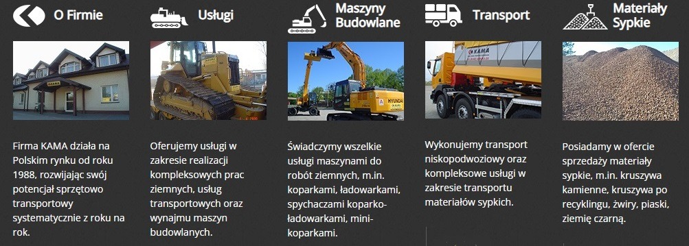 Grafika z ofertą firmy KAMA: budynek firmy, spychacz, koparka, wywrotka i hałda materiałów sypkich. Usługi ziemne, transport, wynajem maszyn budowlanych i sprzedaż materiałów.