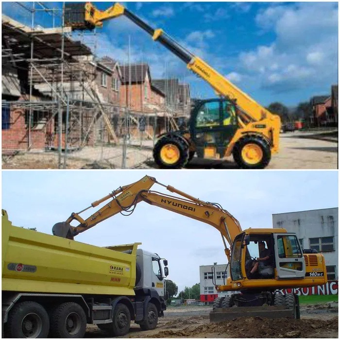 Żółty podnośnik teleskopowy na budowie z rusztowaniami i żółta koparka Hyundai ładująca ziemię do wywrotki, prezentacja sprzętu budowlanego.