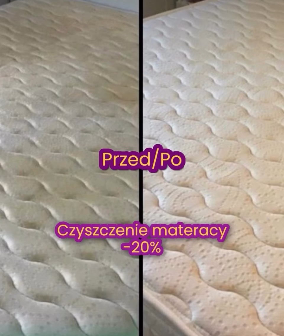 Materac po czyszczeniu: widoczna różnica przed i po, jaśniejsza i czystsza powierzchnia. Czyszczenie materacy z 20% rabatem.