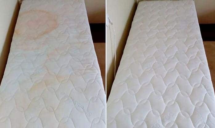 Zdjęcie materaca: po lewej stronie z plamą, po prawej czysty, po praniu. Ukazuje różnicę przed i po czyszczeniu, prezentując efekt usługi.