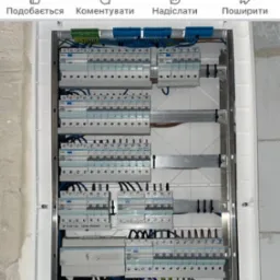 Rozdzielnica elektryczna z licznymi bezpiecznikami i okablowaniem wewnątrz białej obudowy, zamontowana na surowej ścianie w trakcie prac wykończeniowych.