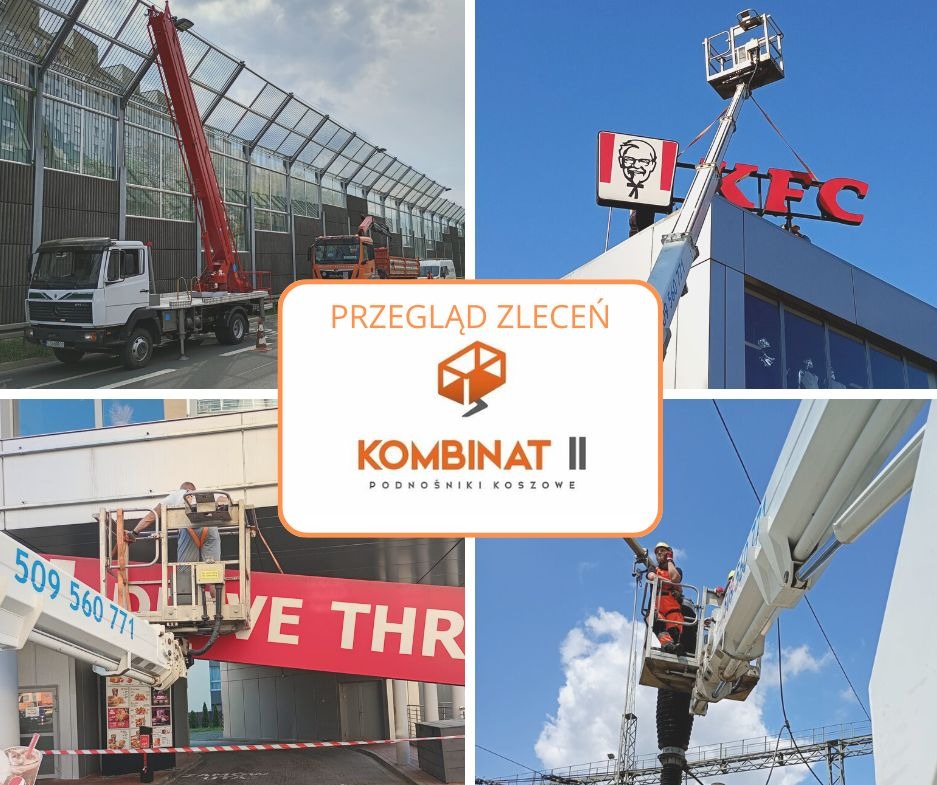 Montaż reklam KFC z podnośnika koszowego, prace na wysokościach przy ekranach akustycznych i Drive Thru. Przegląd zleceń firmy Kombinat II.