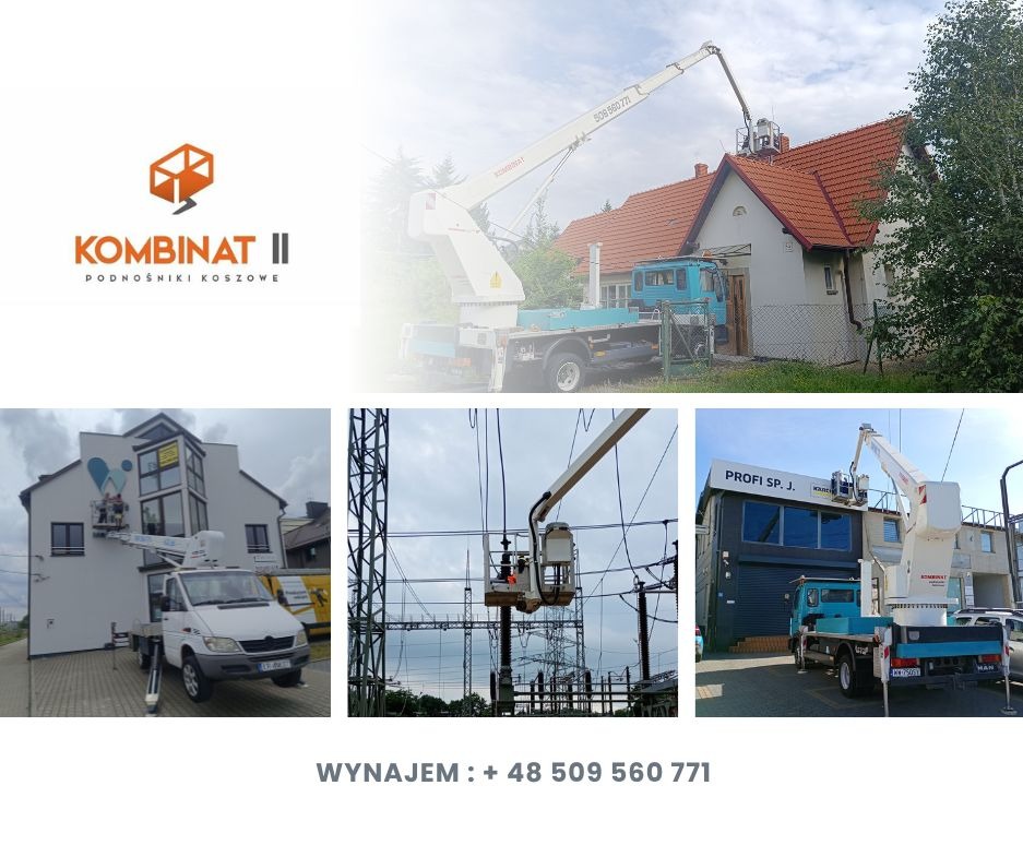 Kompozycja zdjęć z podnośnikami koszowymi: prace na dachu domu, elewacji budynku i przy linii wysokiego napięcia. Wynajem podnośników.