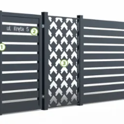 Nowoczesna, grafitowa brama z poziomymi panelami i dekoracyjnym ażurem. Na bramie widoczny numer 'ul. Kręta 5'. Minimalistyczny design, idealny do nowoczesnych posesji.