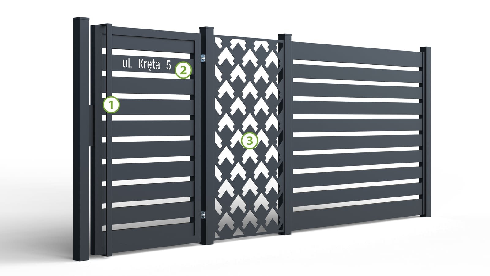 Nowoczesna, grafitowa brama z poziomymi panelami i dekoracyjnym ażurem. Na bramie widoczny numer 'ul. Kręta 5'. Minimalistyczny design, idealny do nowoczesnych posesji.