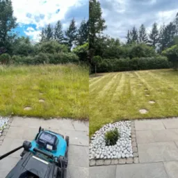 Efekt koszenia trawy: porównanie zaniedbanego trawnika z wysoką trawą i trawnika po koszeniu z widocznymi pasami, z użyciem kosiarki elektrycznej.