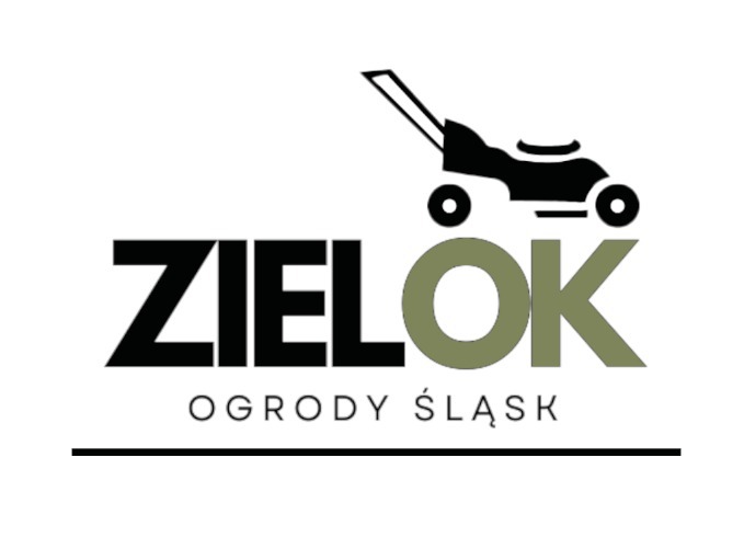 Logo firmy 'ZIELOK Ogrody Śląsk' z czarną grafiką kosiarki na górze. Napis 'ZIELOK' czarno-zielony, pod nim 'Ogrody Śląsk' i czarna linia.
