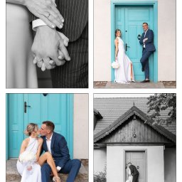 Wiktoria Szłapka - Nowożeńcy: zbliżenie na splecione dłonie z obrączkami, uśmiechnięta para przy turkusowych drzwiach, intymny pocałunek na kamiennych schodach i w wejściu do domu.