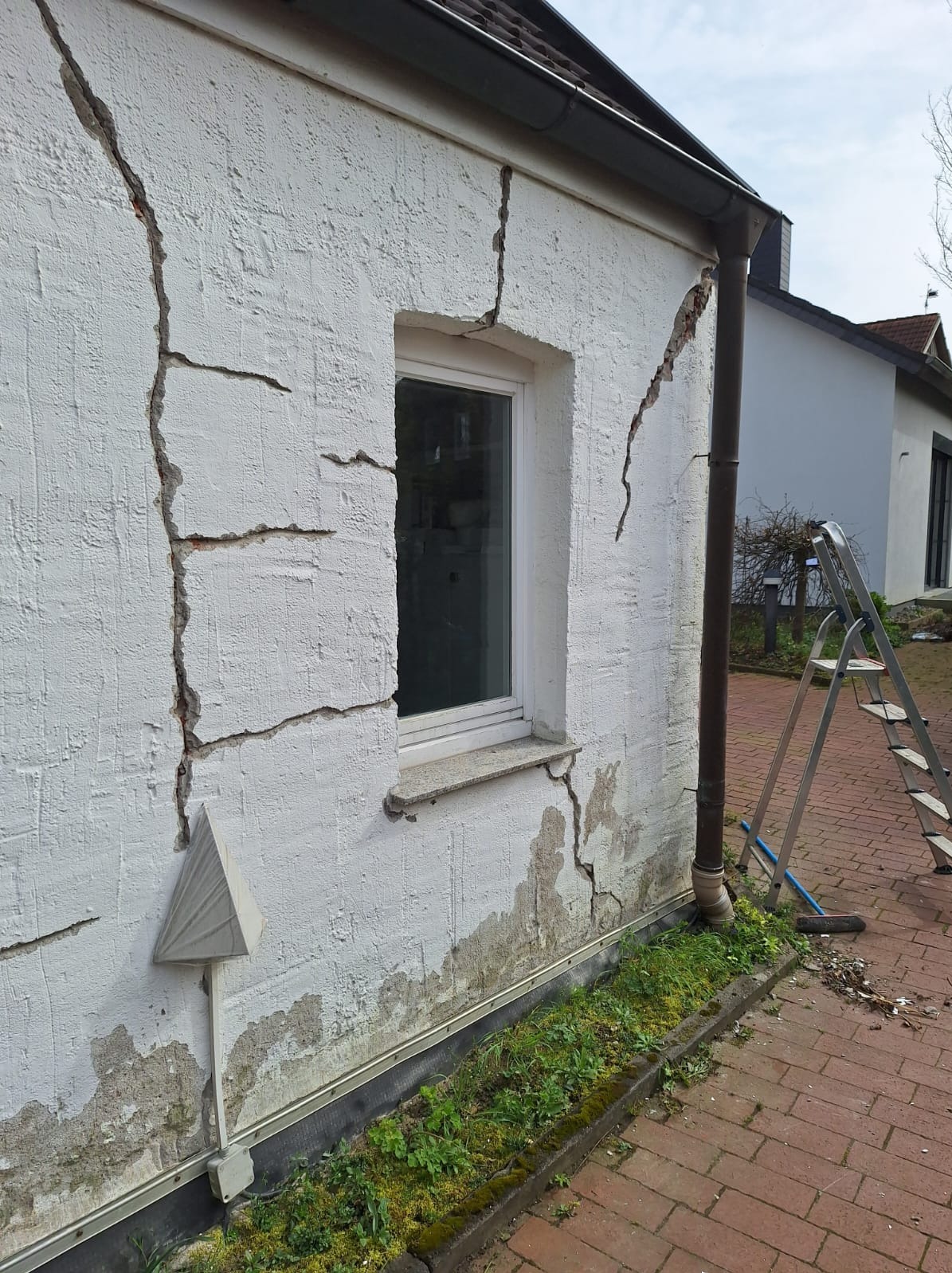 Biała ściana budynku z głębokimi pęknięciami biegnącymi wzdłuż okna i rynny, widoczne ślady wilgoci, drabina obok, ceglana ścieżka, roślinność u podstawy ściany.